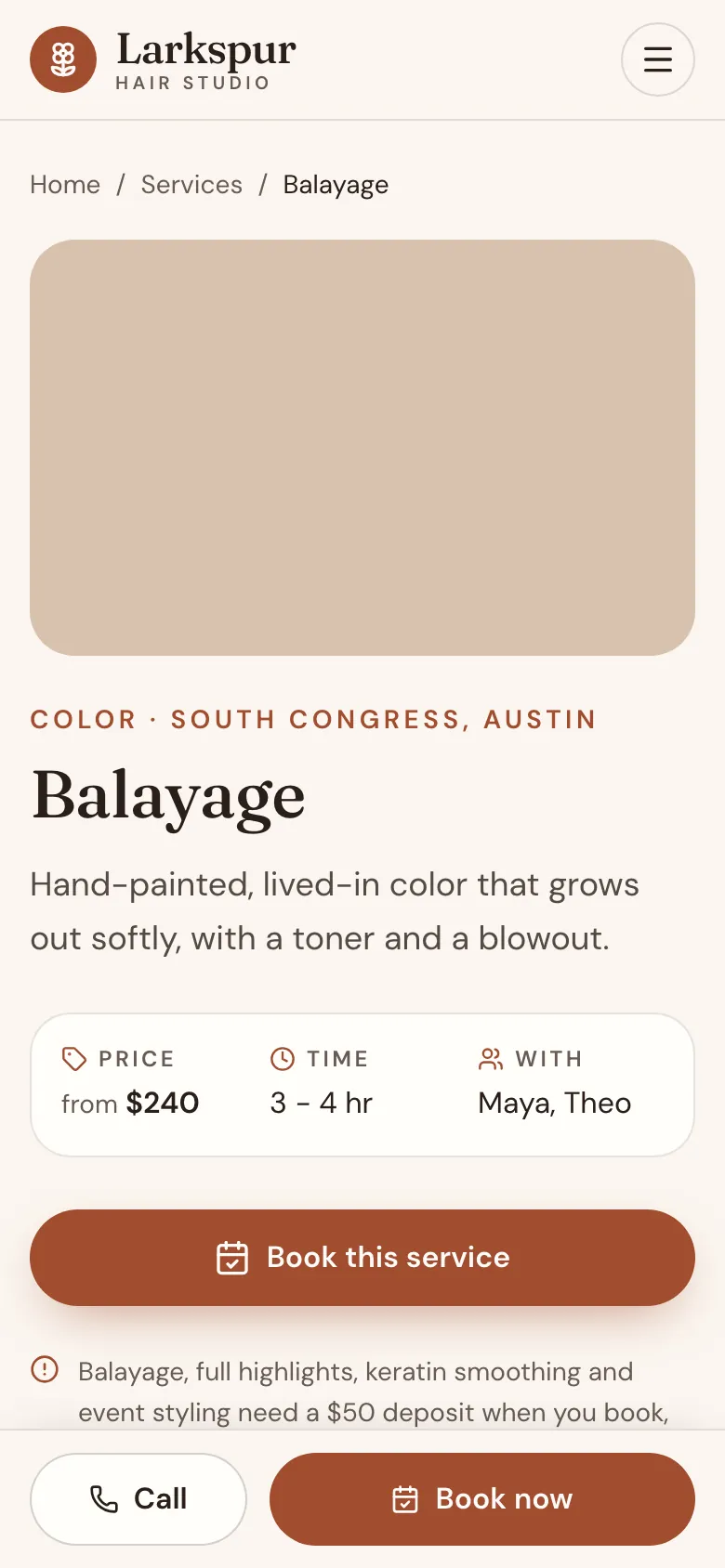 Hair studio template, a service with its Book button