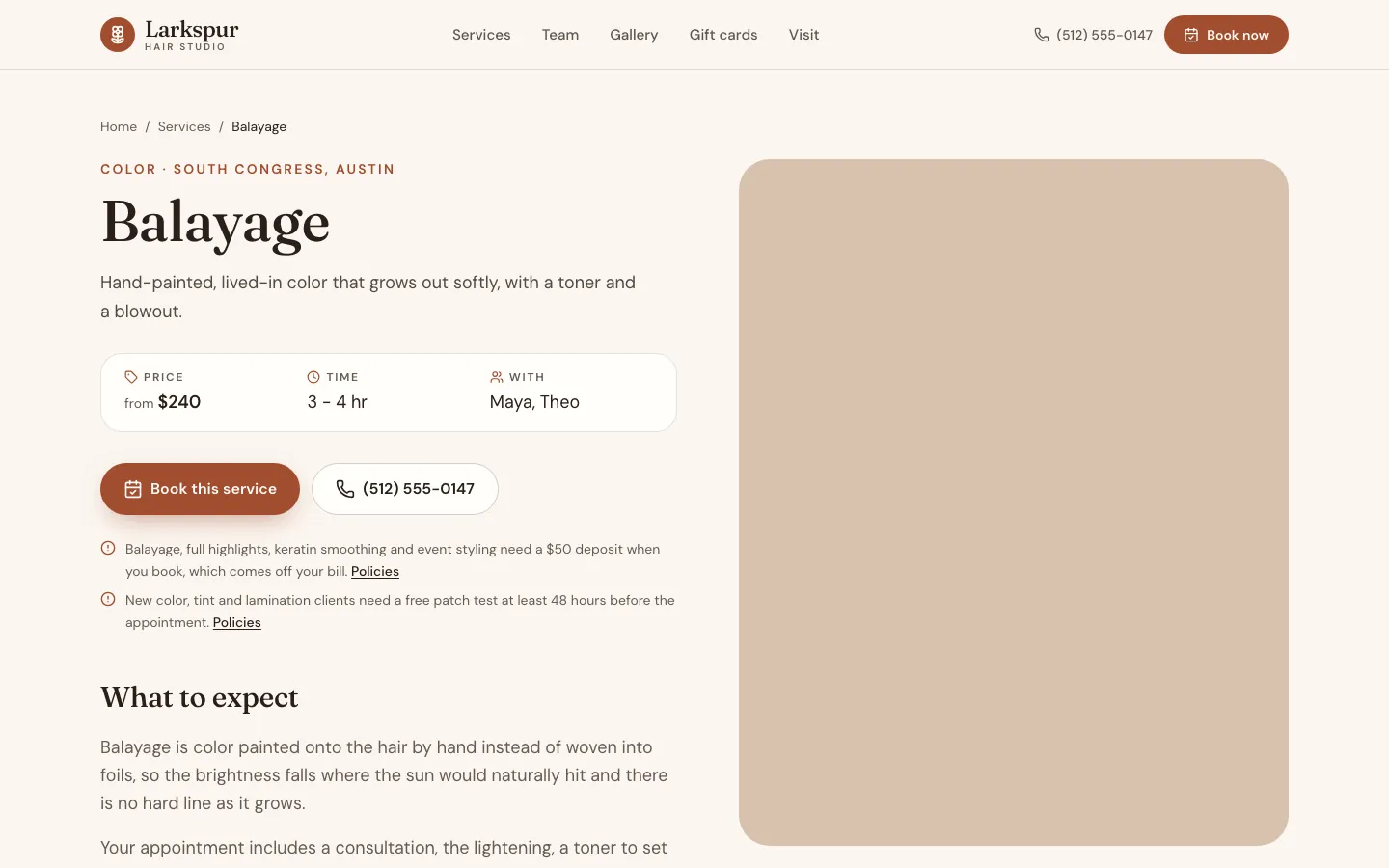 A service page with its price, duration and a Book button